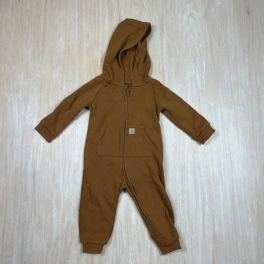 Carhartt Brown Hooded Zip Front Logo Sleeve Coverall Romper Fleece Infant 12M